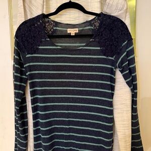 Maison Jules Navy and Teal Striped Top with Lace Shoulders